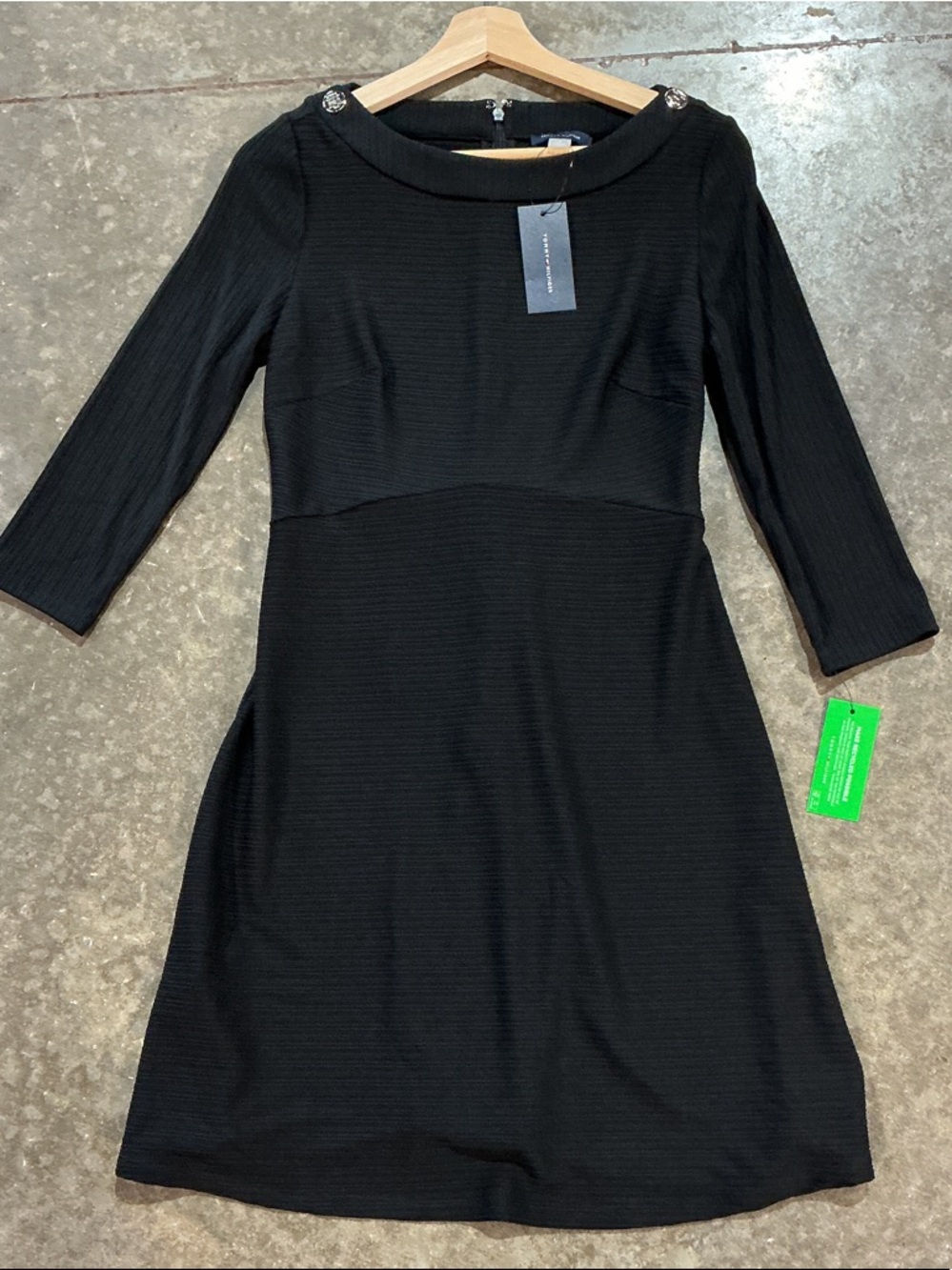 Tommy Hilfiger NWT Black A-Line Dress Textured Knit Button Shoulder Size 4